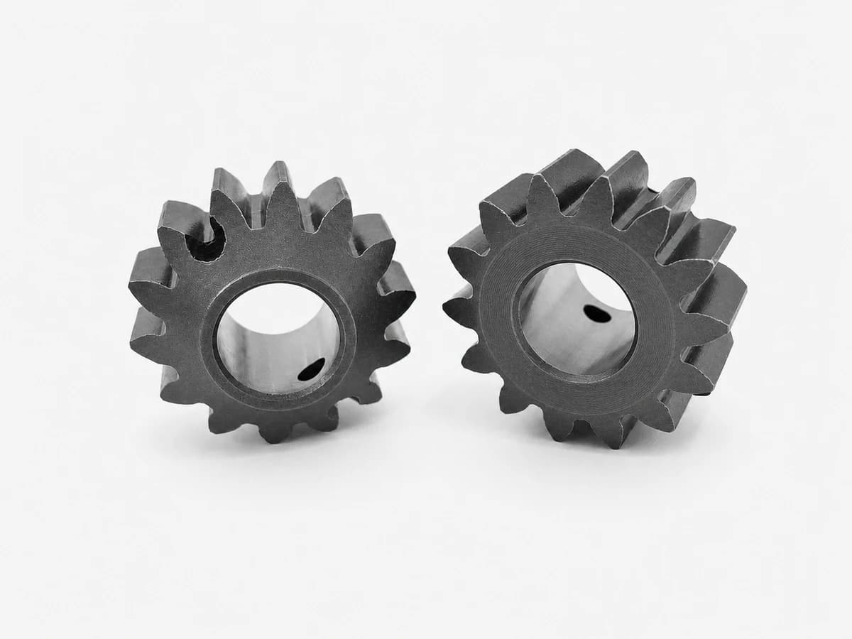 Two straight-tooth cotton picker spindle drive gears with visible bores and cross holes