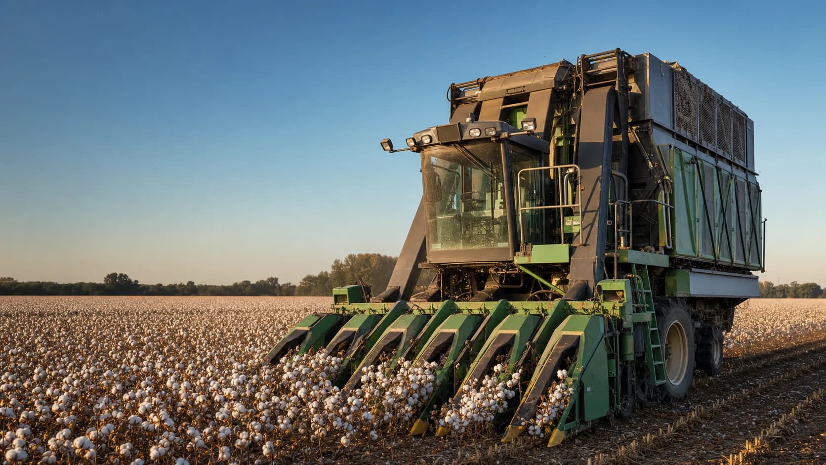 Spindle-type cotton picker in a field illustrating the machine system where wear, harvest loss and contamination evidence must be evaluated together