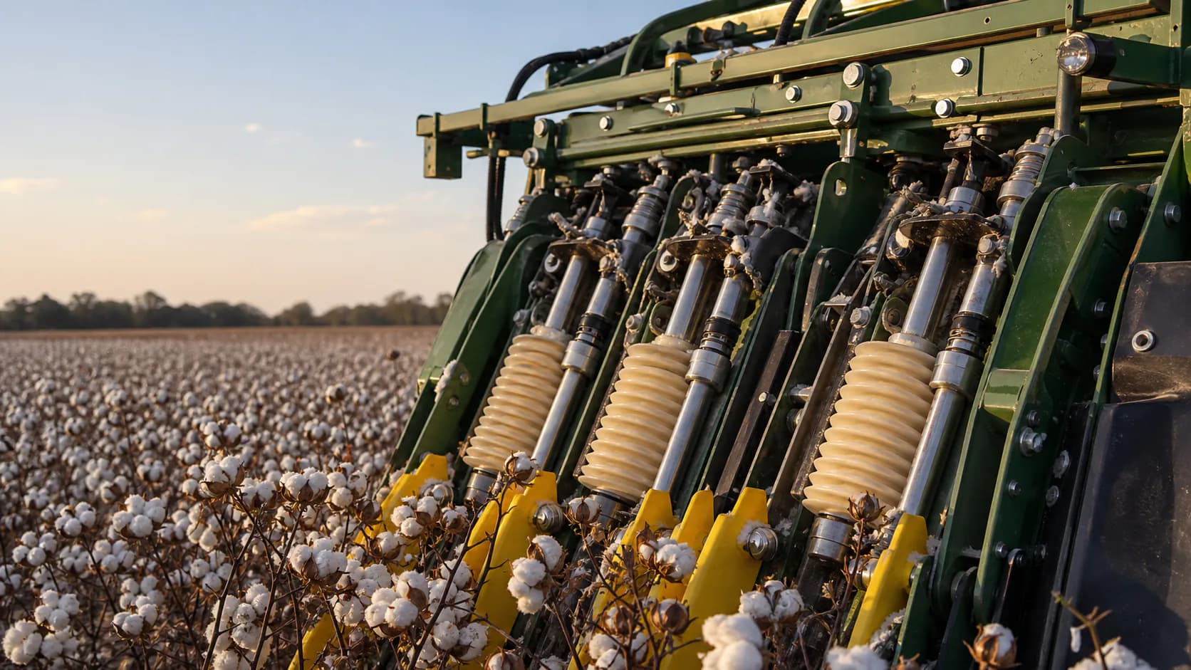 Illustrative cotton picker field scene for a moistener flow troubleshooting article